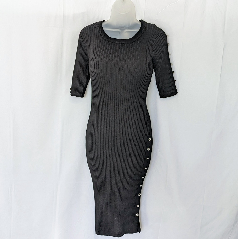 Venus | Ribbed Sweater Dress | Gold Buttons | Size Large | Black Women's Dress